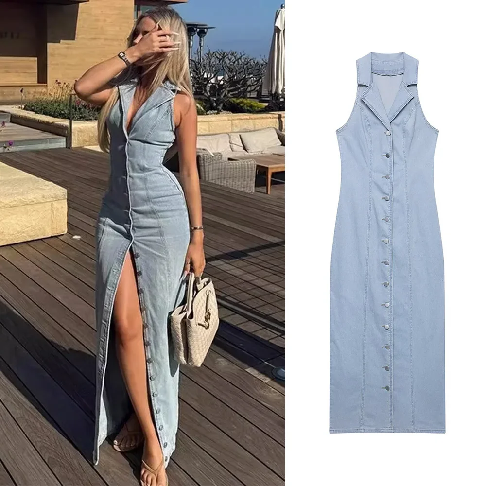 

Fangokv Jean Long Dress For Women Turn-down Collar Sleeveless Single Breasted Front Split Robe Summer Female Casual Dresses