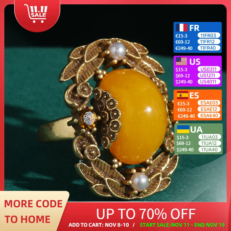 

Vintage Rings Yellow Oval Natural Stone Antique Gold Color Leaf Designer Jewelry For Woman Brand Accessories Luxury 2025