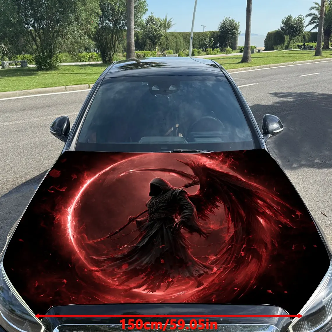 Reaper Image with Blood Moon Background Car Vinyl Wrap, PVC Material Waterproof Car Hood Sticker, Self-Adhesive Scratch-Resistan