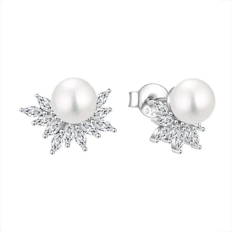 Light luxury zircon inlaid natural freshwater pearl earrings 925 Sterling silver jewelry