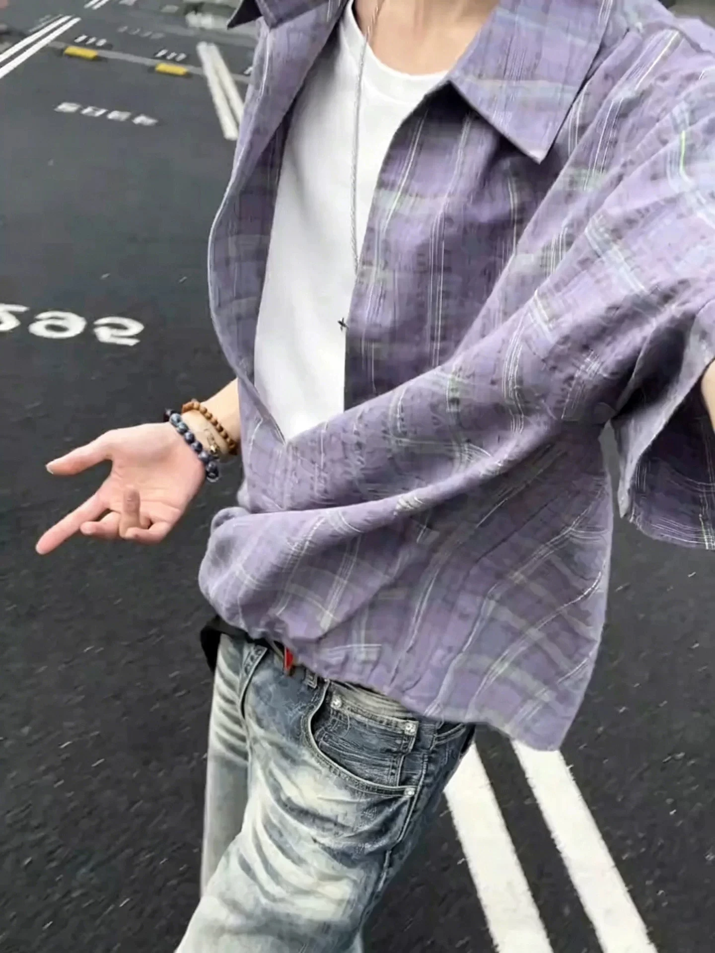 Loose Fit Men's Short Sleeve Shirt Summer Thin V-Neck Tie Dye Plaid Fake Two-Piece Lightweight Breathable Casual American Style