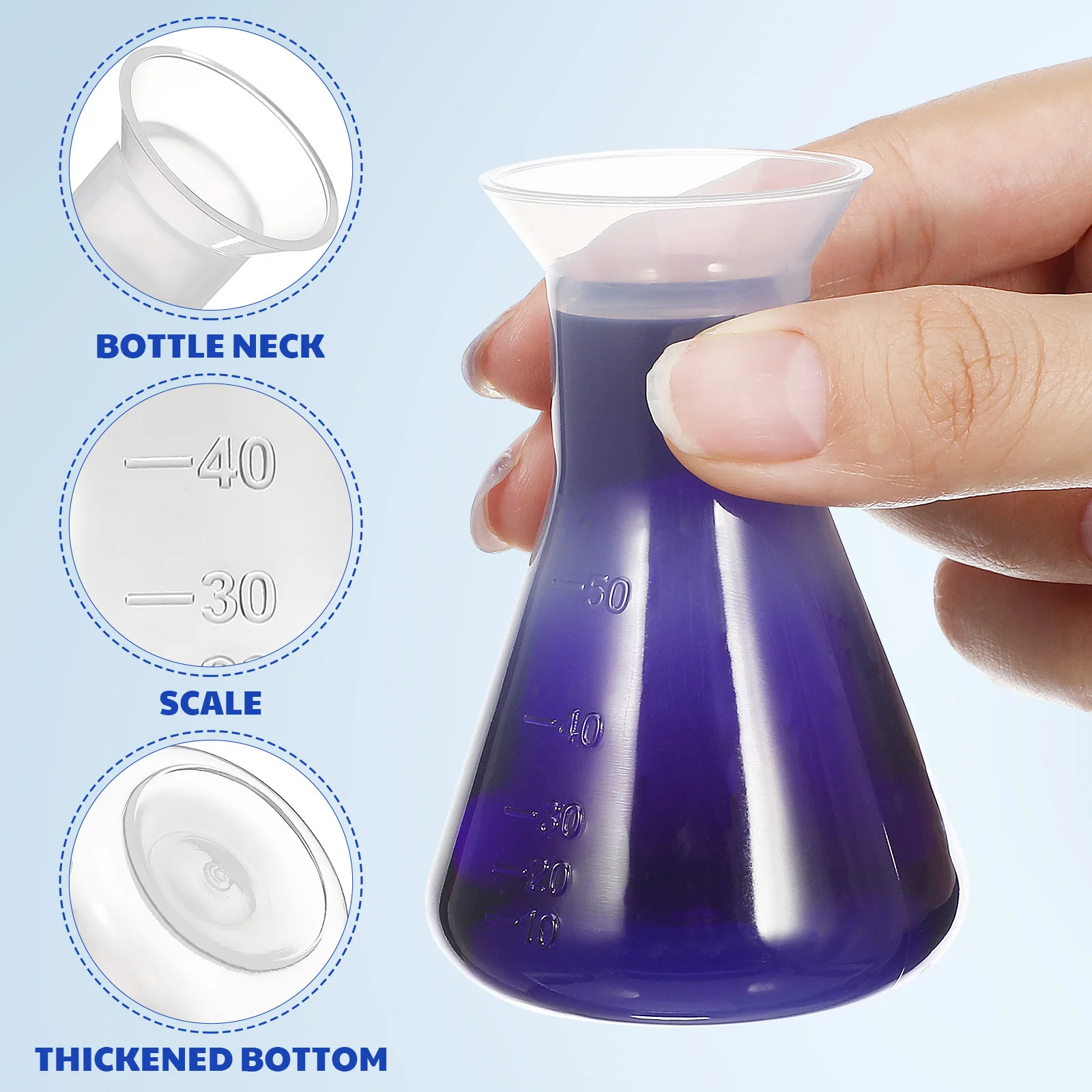 5Pcs Plastic Conical Flasks Clear Measuring Bottles Stable Base Smooth Tools for Chemistry Experiment