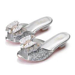 2023 Summer Children's Slippers Fashion Luxury Crystal Diamond Bowkont Princess High Heels Girls Wedding Performance Show Shoes