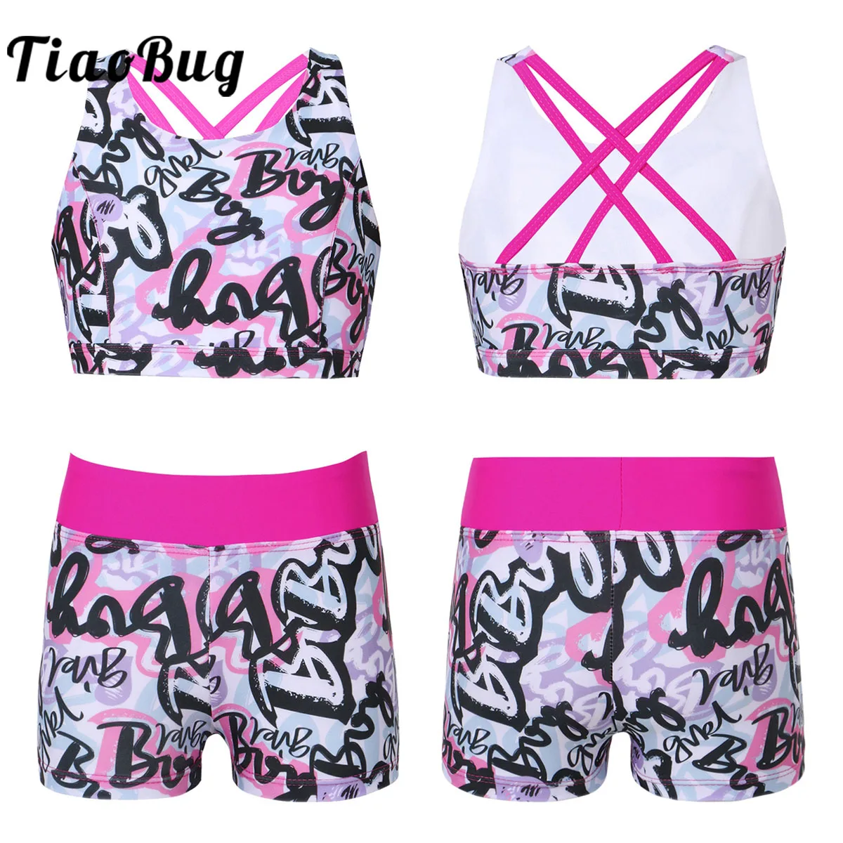 

2Pcs Ballet Dancewear Gymnastics Workout Outfits Graffiti Crisscross Back Tank Crop Top with Booty Shorts Set Dance Class Wear