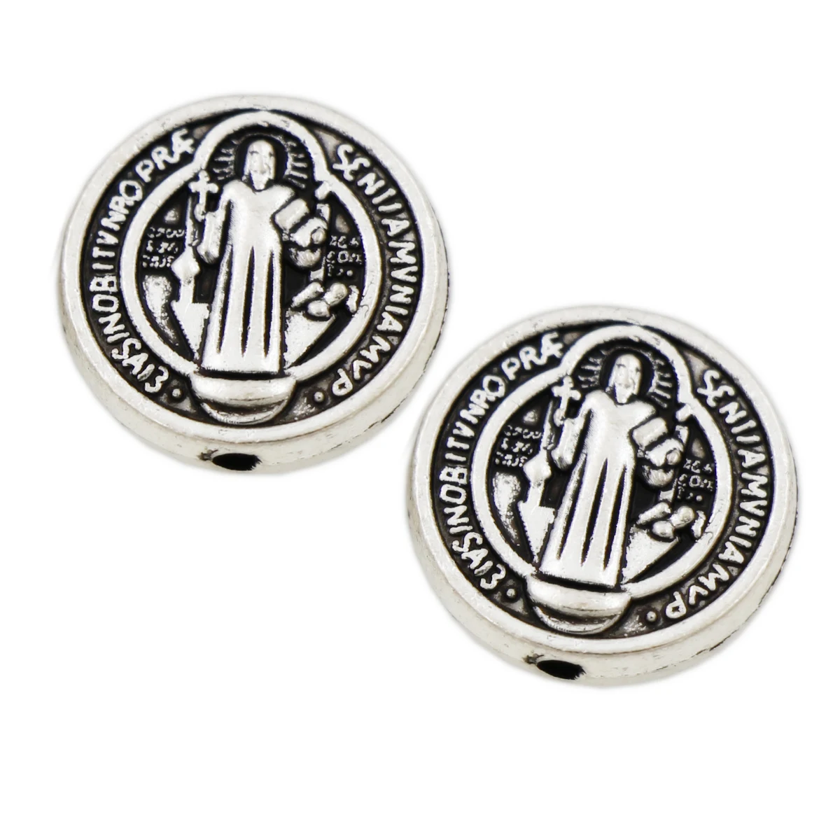 60pcs Zinc Alloy Round Saint St Benedict of Nursia Patron Against Evil Medal Beads 14.5x14.5mm L1792