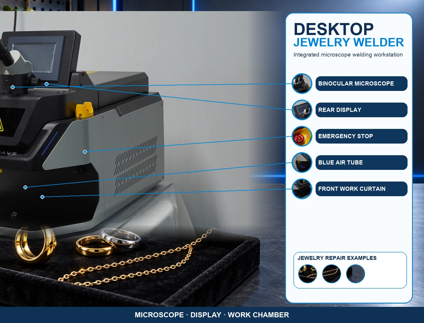 Desktop Jewelry Repair Laser Welder with Rear Tilting Display, Binocular Microscope, Blue Air Tube and Black Front Work Curtain