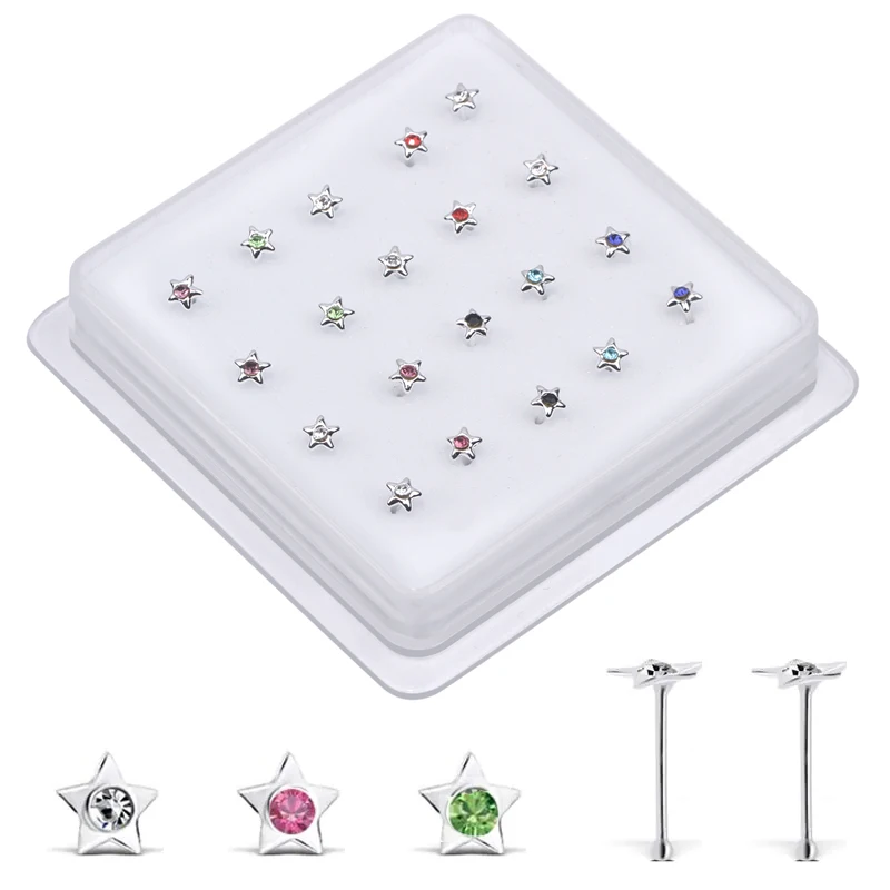 20Pc Nose Studs for Women Men Mix Color Star Shape Tiny Nose Bone Rings Body Piercing Jewelry Ear Nose Pin Ball End