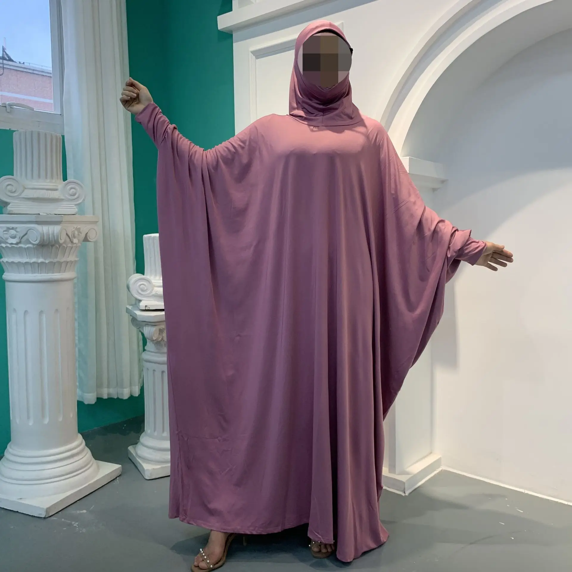 

Middle Eastern Dress Muslim Women Solid Color Fashion Batwing Sleeve Robe Abaya Dress Long Maxi Loose