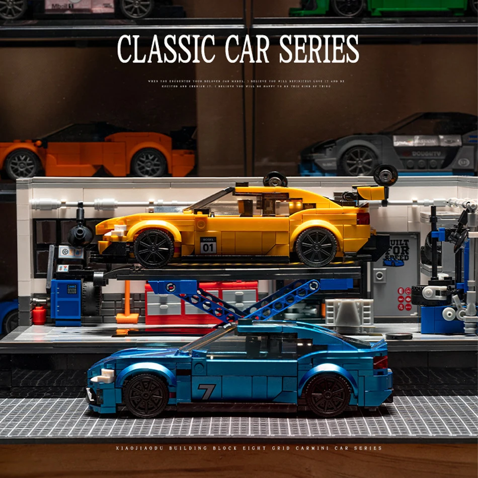 

MOC City Speed Champion Sports Car Garage Building Blocks Supercar Vehicle Repair Shop Scene DIY Bricks Toys for Kids Boys Gifts