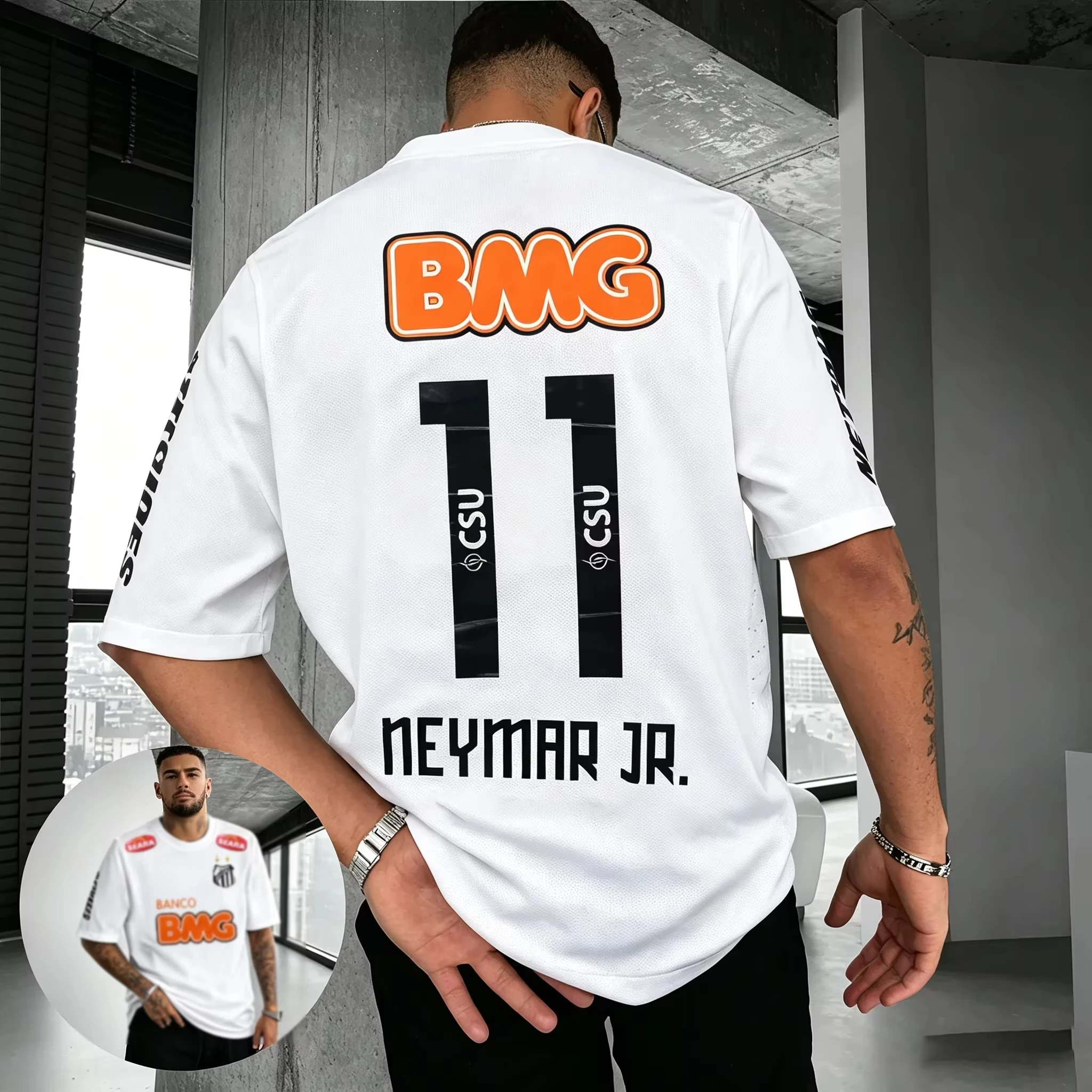 NEYmAR Men's Retro Soccer cotton Jersey T-Shirt Black Short Sleeve 11 Number Player Print Casual Football Fan Streetwear Tee Top