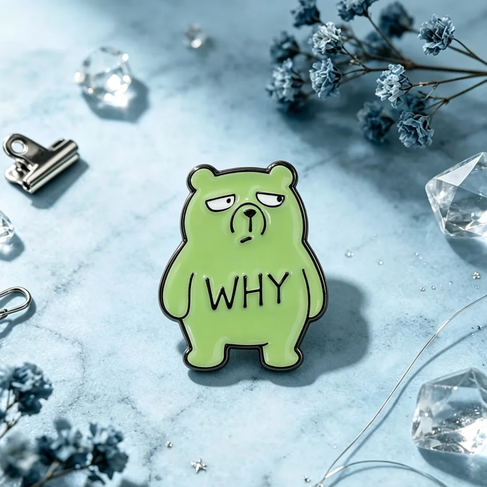Bored Grumpy Green Bear Enamel Lapel Pin Sullen Face WHY Letter Print Cartoon Animal Meme Metal Badge Casual Backpack Decor Gift