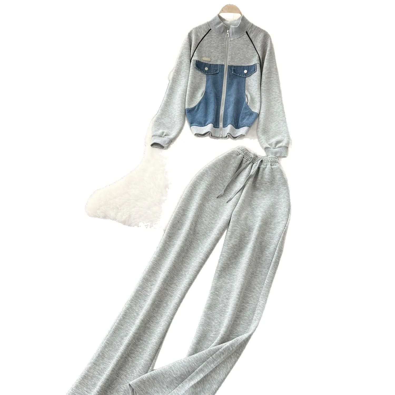 Two Piece Pant Sets Women Denim Spliced Coats Casual Zipper Stand Collar Cardigan Wide Leg Pants Office Lady Autumn 2025