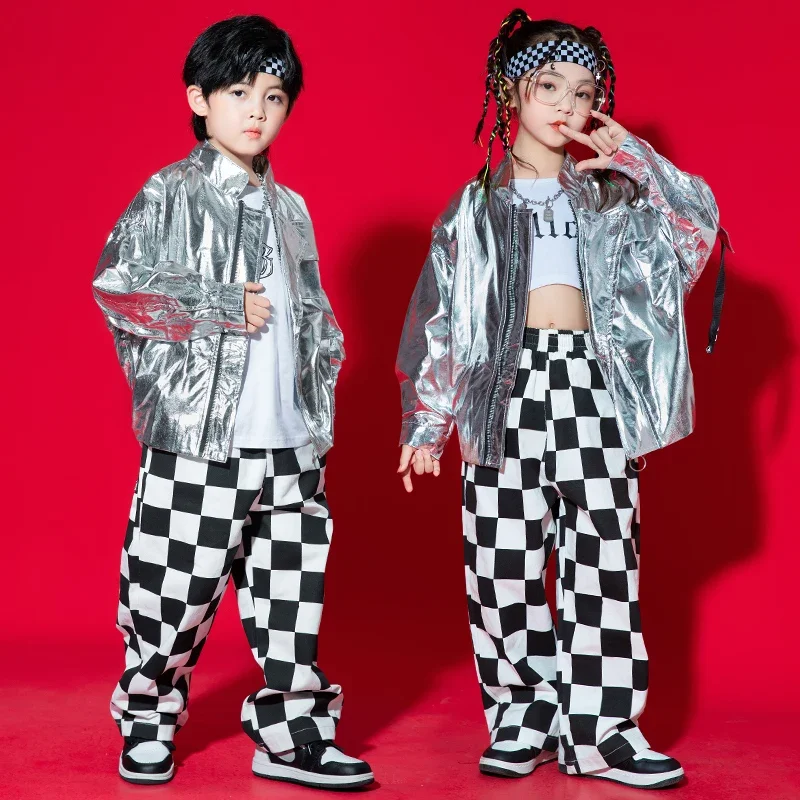 Sequined Silver Jacket Tops Casual Pants Streetwear Girl Boy Jazz Dance Costumes Clothes Kpop Outfits Kids Hip Hop Clothing