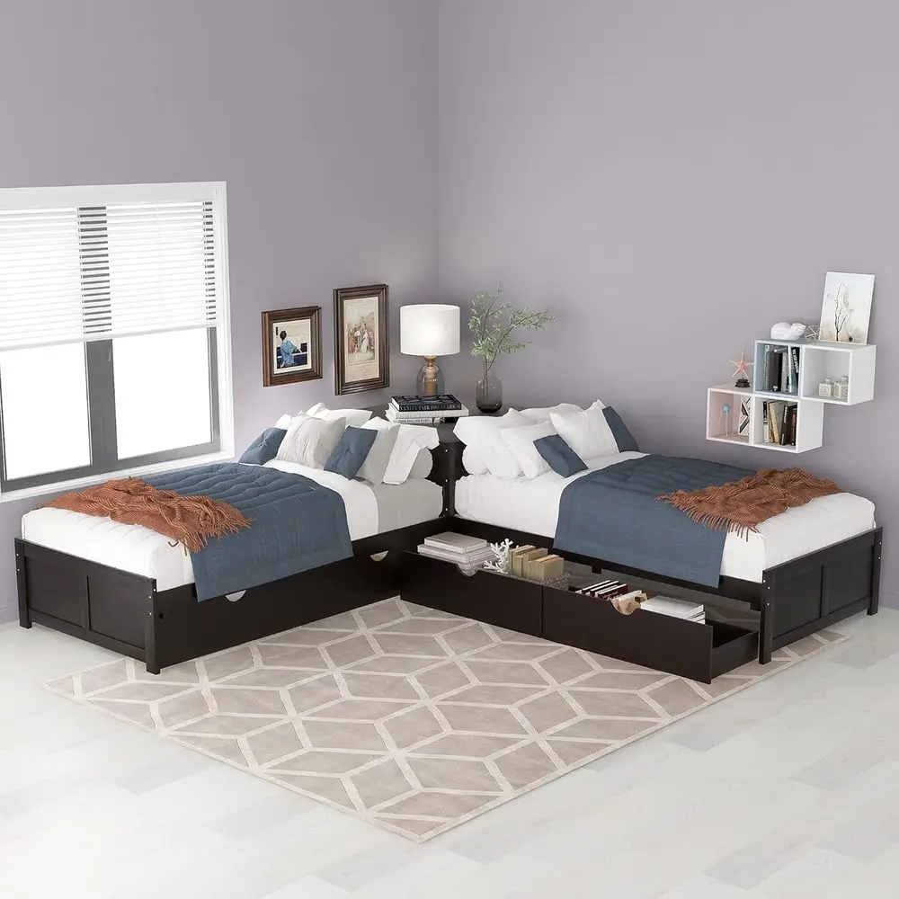 

L-Shaped Twin Platorm Bed e with Trundle and 2 Storage Ders, Wood Twin Platorm Bed e Linked with Built-in Table or Kids Boys Gir