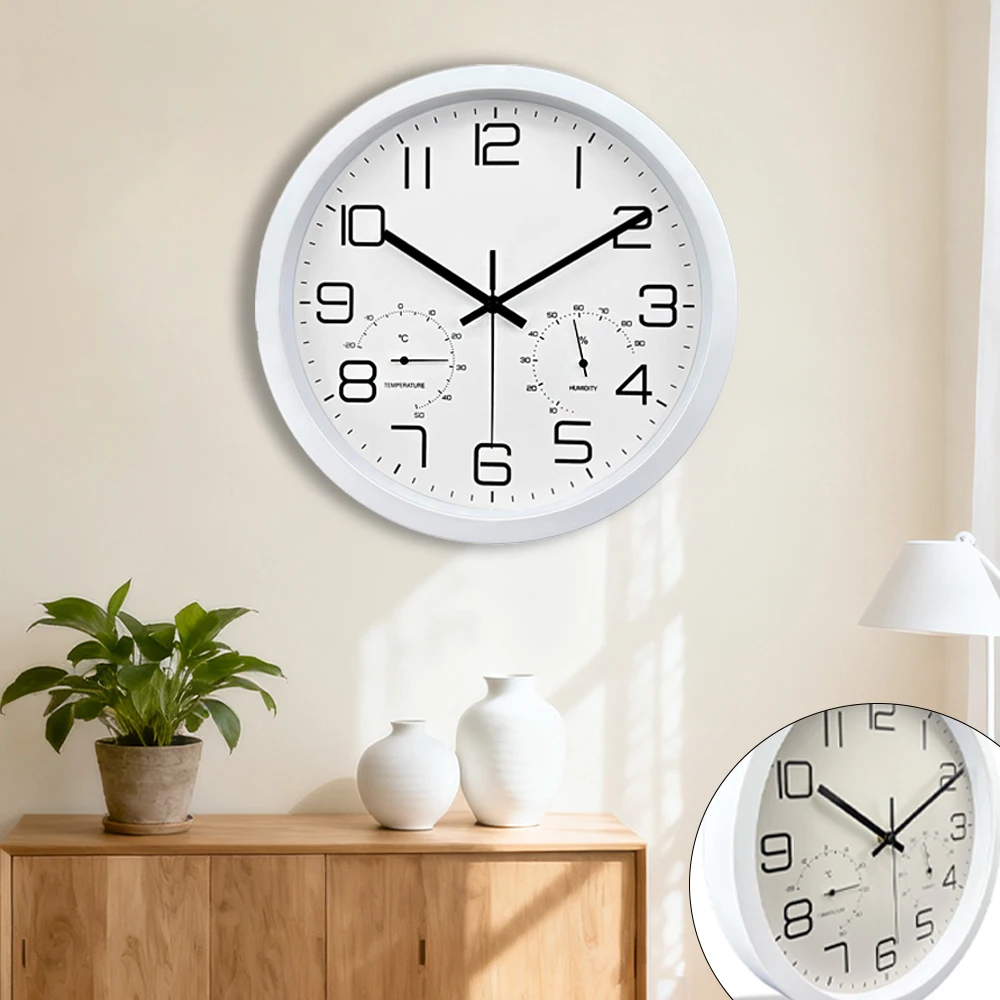 12 inch Modern Wall Clock with Temperature and Humidity Display Silent Quartz Clock for Home Office Kitchen Decor Easy to Read
