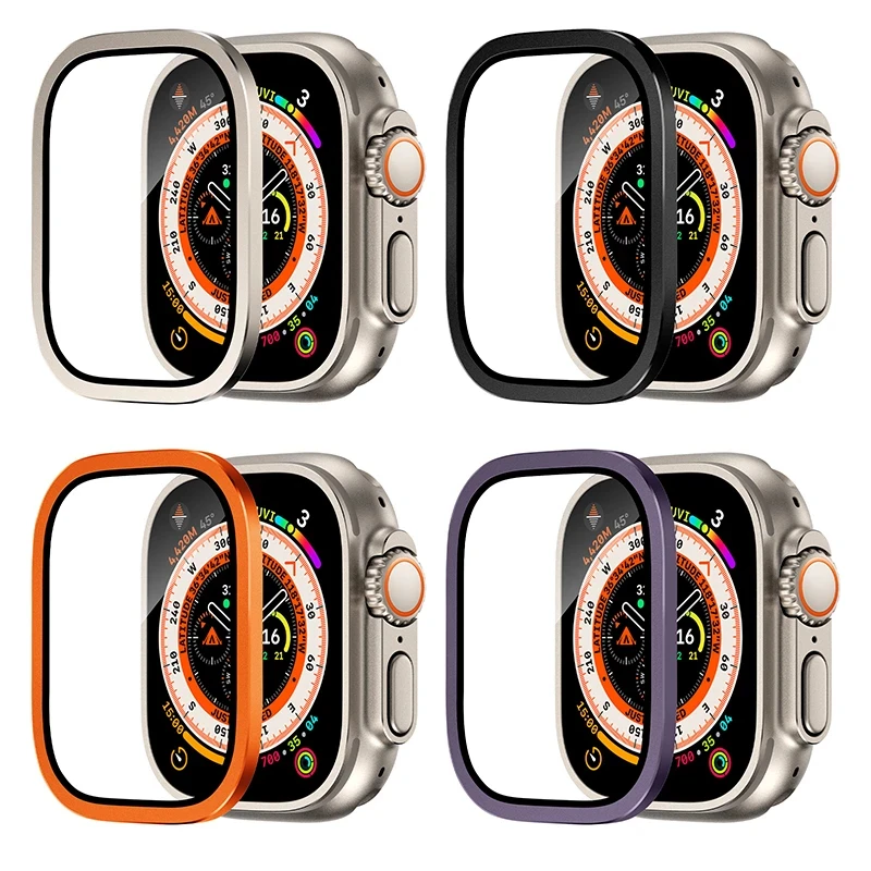 Metal Aluminum Alloy Case for Apple Watch Ultra2 49mm HD Tempered Glass Film Shell + Screen Scratch-proof Protective Cover Frame