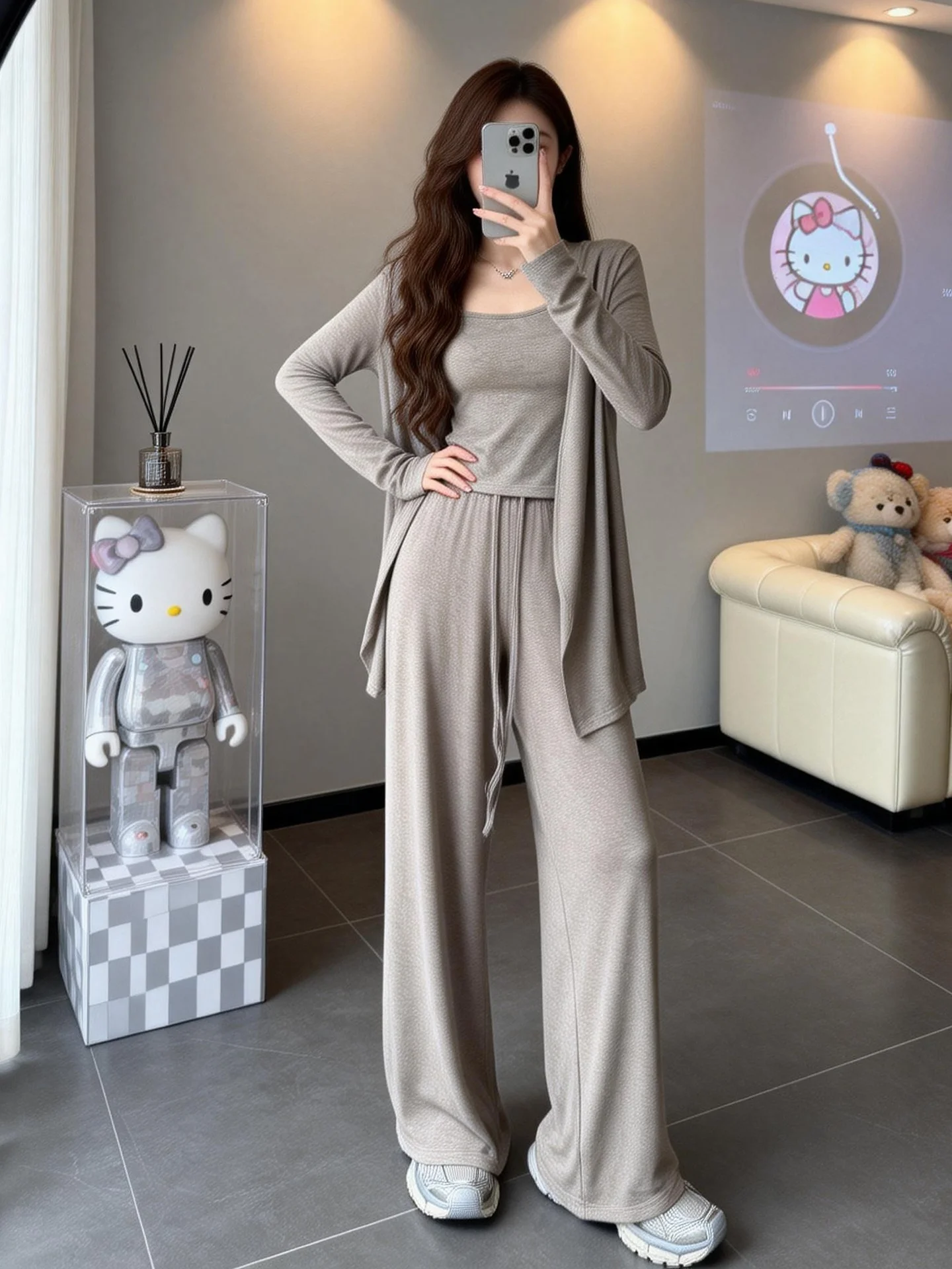 

Korean Laid-back Style Women's Asymmetrical Open Cardigan Strap Set 2025 Trendy Straight Leg Pants Fashionable Three-piece Set