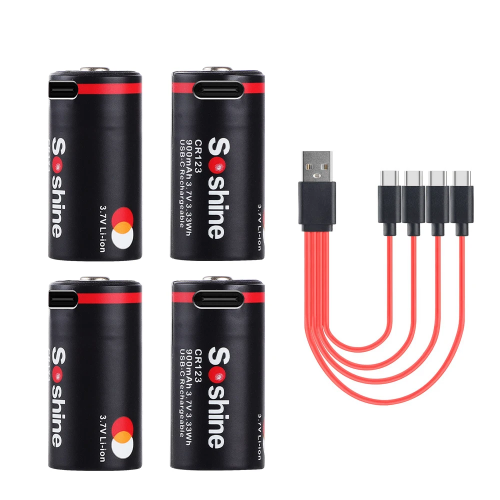 Soshine CR123 USB Lithium Batteries 900mah 3.7V 16340 16350 Rechargeable Battery RCR123 CR123A 900mah Battery with USB Cable