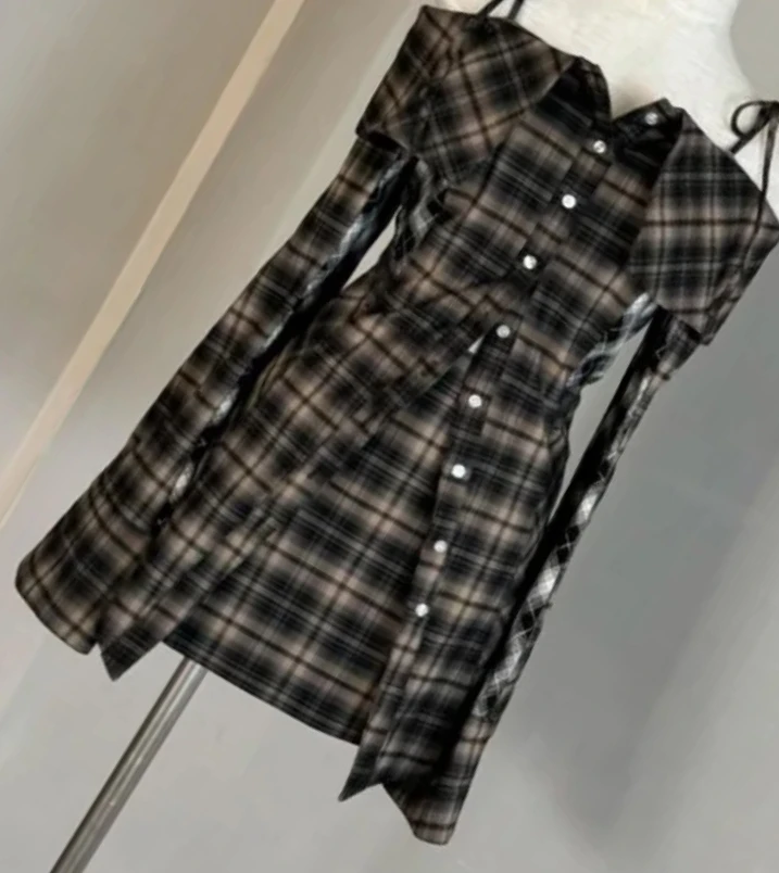 

Sweet Girl Mid-Length Shirt High-Waisted Skirt Japanese Pure Desire Off-Shoulder Tie Strap One-Shoulder Plaid Long-Sleeve Tops