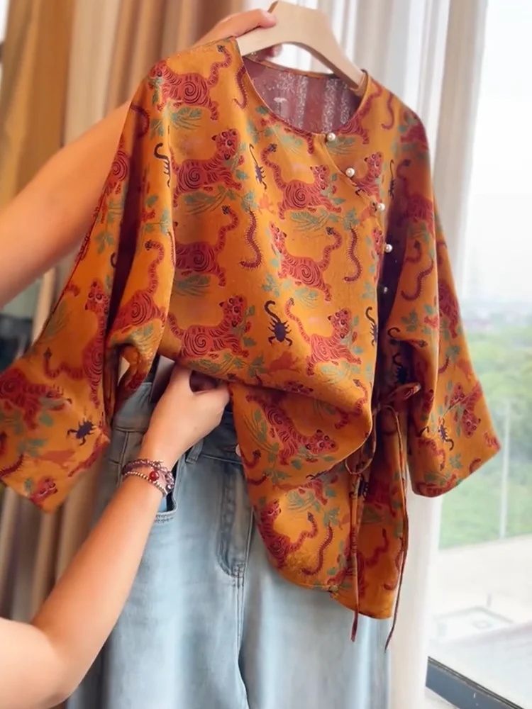 

New Chinese Sle Retro round Ne Printed Top plus Size Faionable Versatile Slimming Summer 2025 Women's Inner Wear