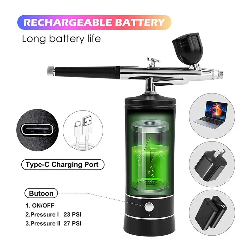 2X Air Brush Nail Oxygen Injector Mini Air Compressor Kit Paint Sprayer For Art Tattoo Craft Cake Nano Fog Mist,Black-B61B
