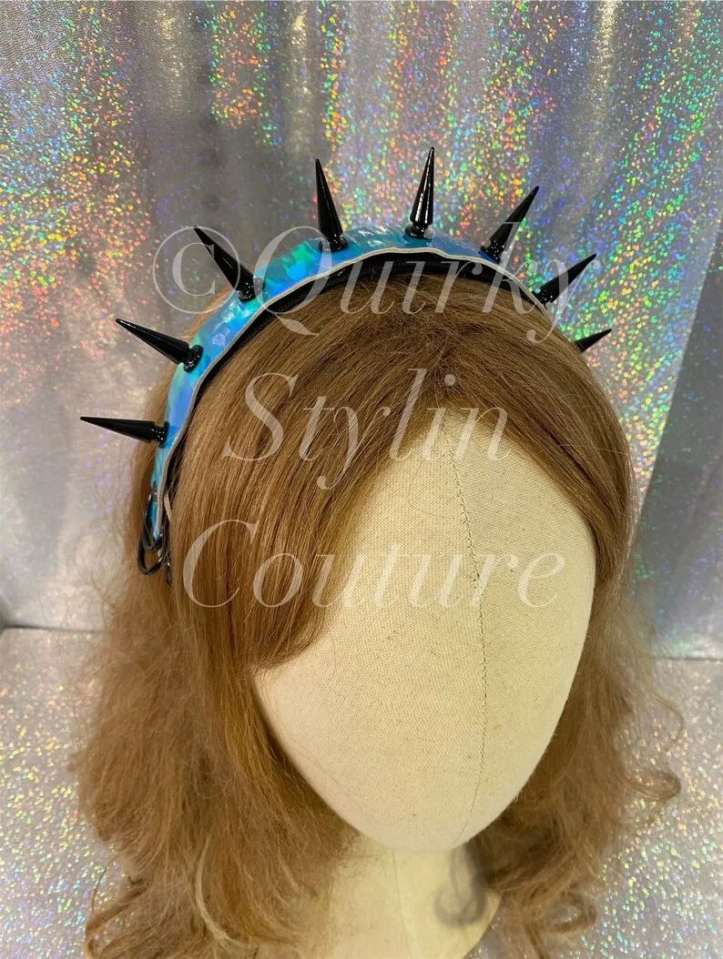 Blue Handmade Spiked Headband Black Punk Spikes Iridescent Rave Goth Festival Hair Headpiece