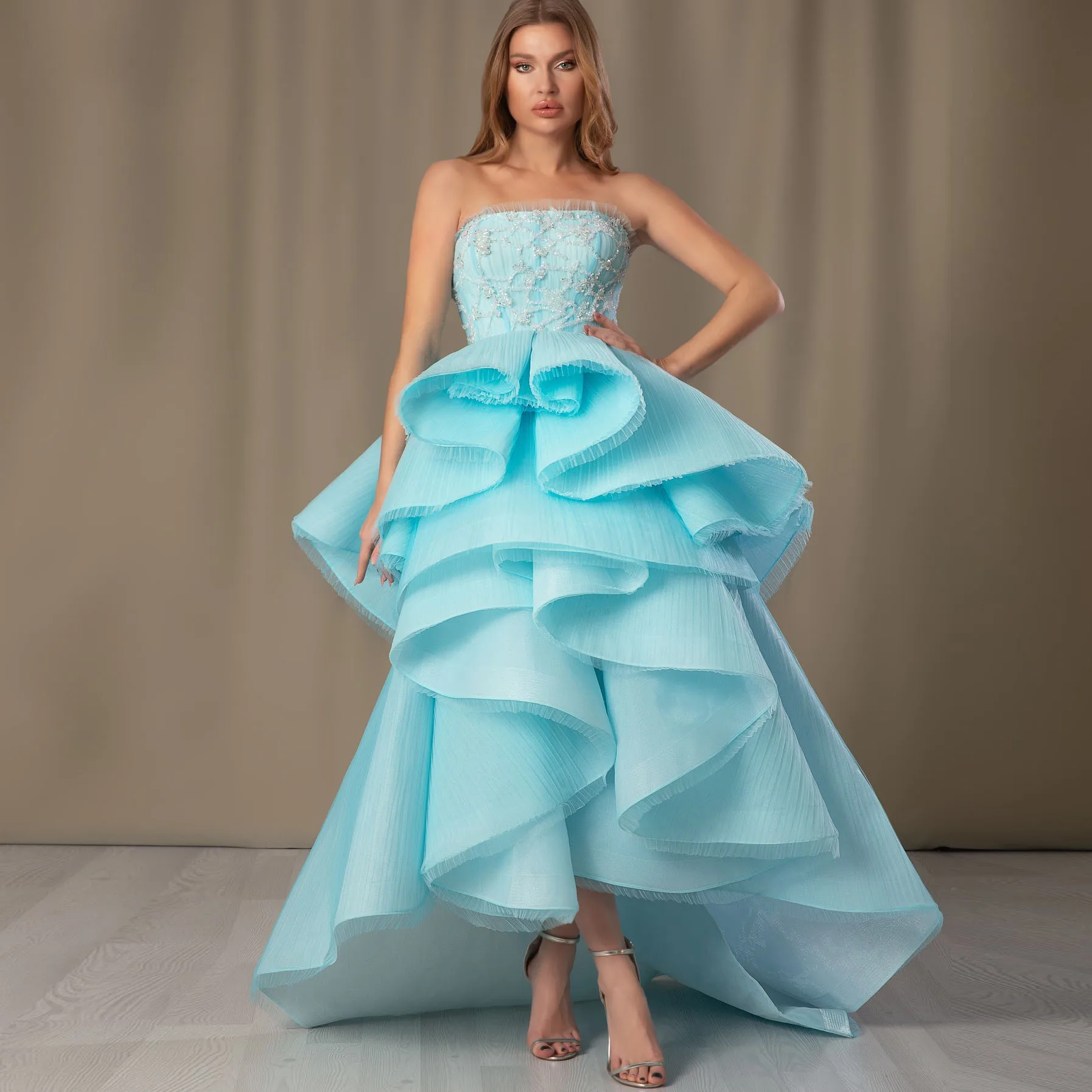 Newest Saudi Arabic Sky Blue Ruched Asymmetrical Evening Dresses Delicate Beaded Crystal Long Evening Gowns