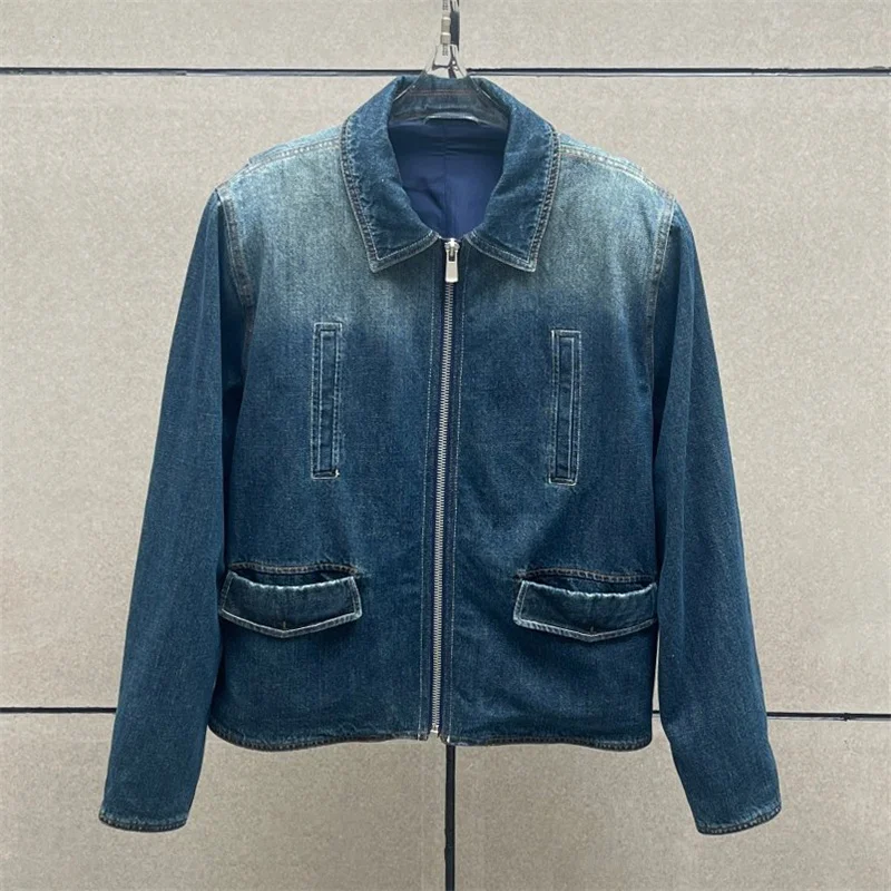 

Women's jackets New autumn 2025 vintage washed lapel long sleeved top pure cotton denim jacket Shoulder pad outerwears y2k coat