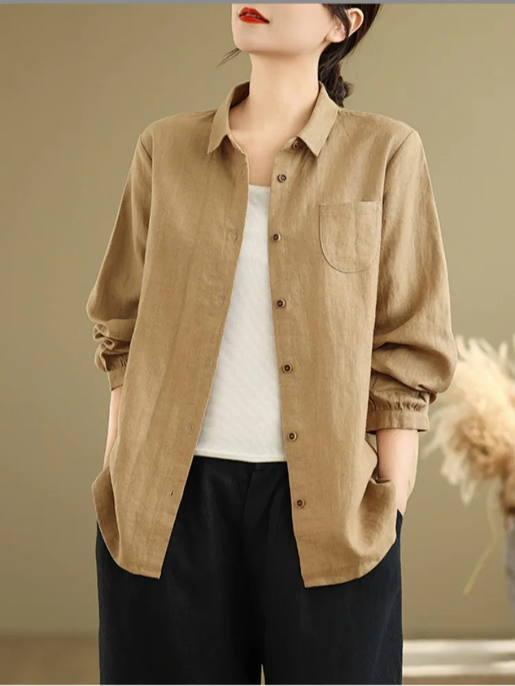 

Retro Cotton Linen Long Sleeve Shirt Women's Spring Large Size Casual Collar Cotton Linen Shirt Base Open Cardigan Top