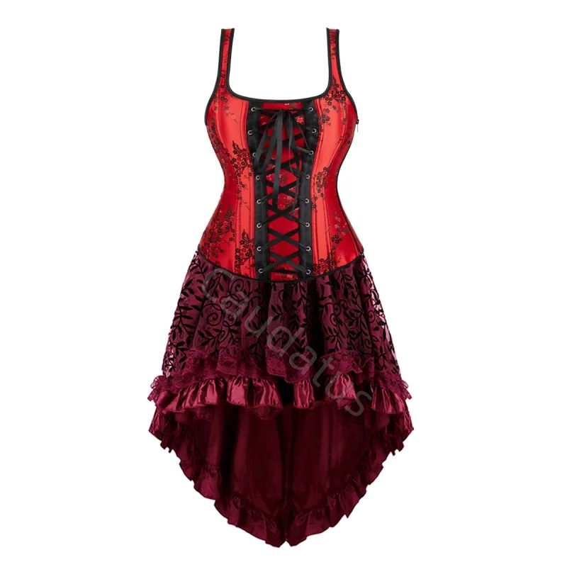 

Corset Dress Women Plus Size Skrit Set Shoulder Strap Lace Zipper Costume Party Sexy Burlesque Halloween Basques Outfit Black