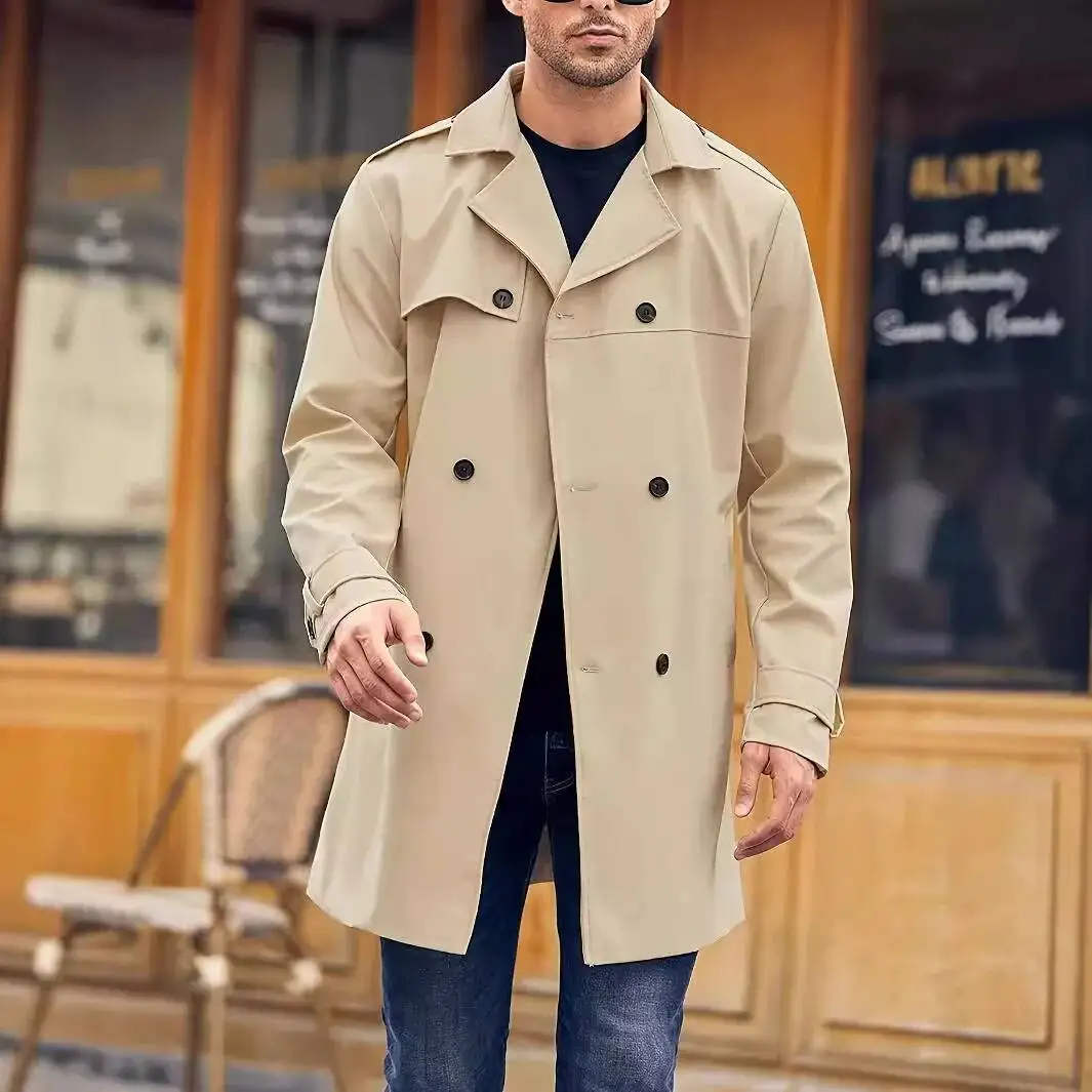 2026 Autumn And Winter New Fashionable Solid-Color Trench Classic Lapel Double-Breasted Lace-Up Casual Windproof Coat Men