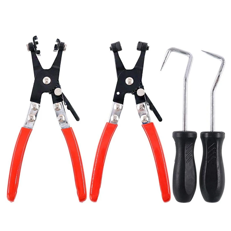 

4Pcs Hose Clamp Plier Set, Including 2Pcs Cross Slotted And Flat Band Hose Hose Clamp Plier With 2Pcs Hose Removal Hook Set Perf