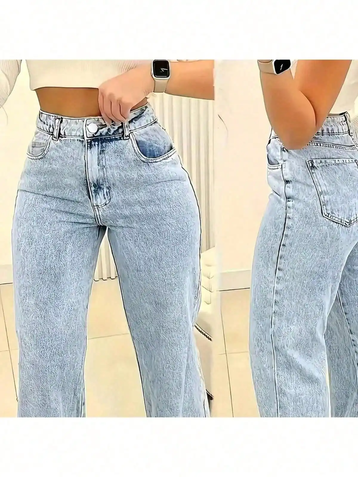 بنطلون جينز نسائي واسع الساق بخصر مرتفع مع جيوب، بنطلون دينيم فضفاض للارتداء اليومي