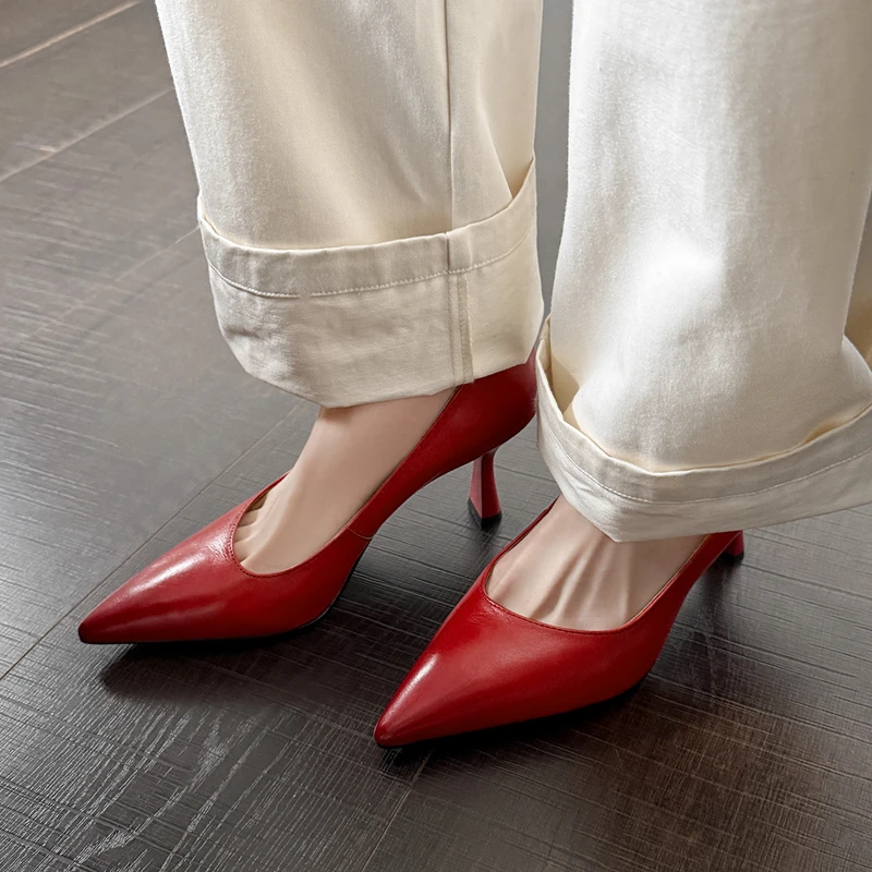 High-quality Cow Leather Wedding High Heels Lady Party Office Pointed Shallow Women Shoes 7CM Stiletto Naked Color Female Pumps
