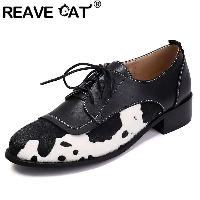 

REAVE CAT 2025 Casual Female Pumps Round Toe Low Heels 3.5cm Lace Up Mixed Color Plus Size 45 46 47 48 Soft Fashion Daily Shoes