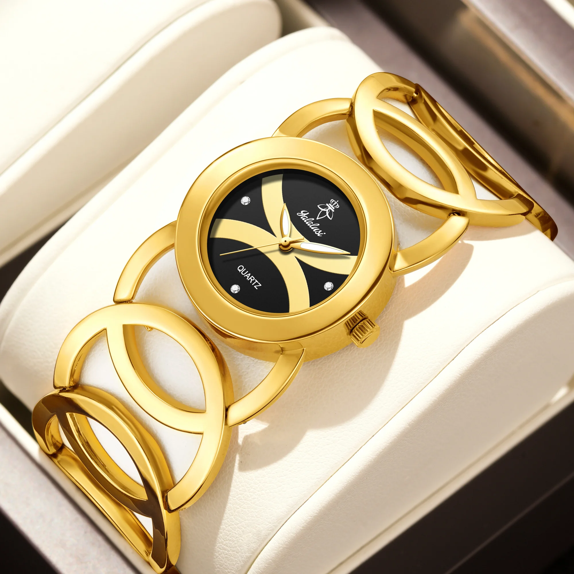 YaLaLuSi Hollow Interlock Oval Gold Women Bracelet Watch Black Gold Dial Rhinestone Decor Minimalist Ladies Party Quartz Watch