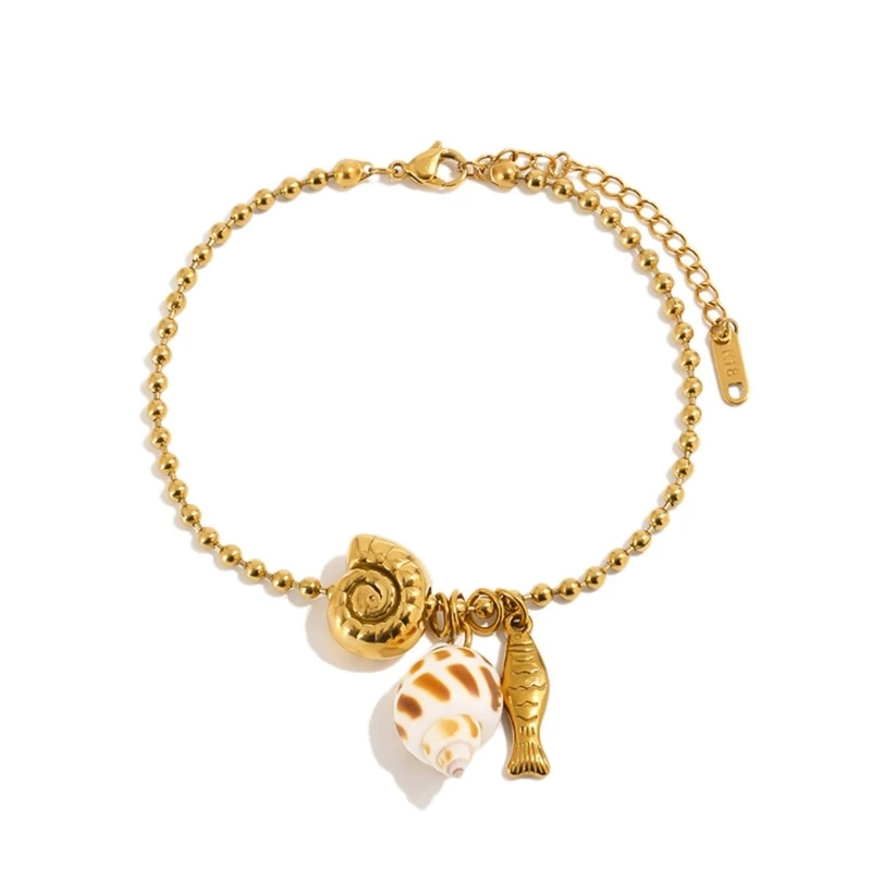 F2TD Gold Tone Anklet Bracelet with Shell Stainless Steel Beaded Ocean Ankle Jewelry for Resort Travel, Summer