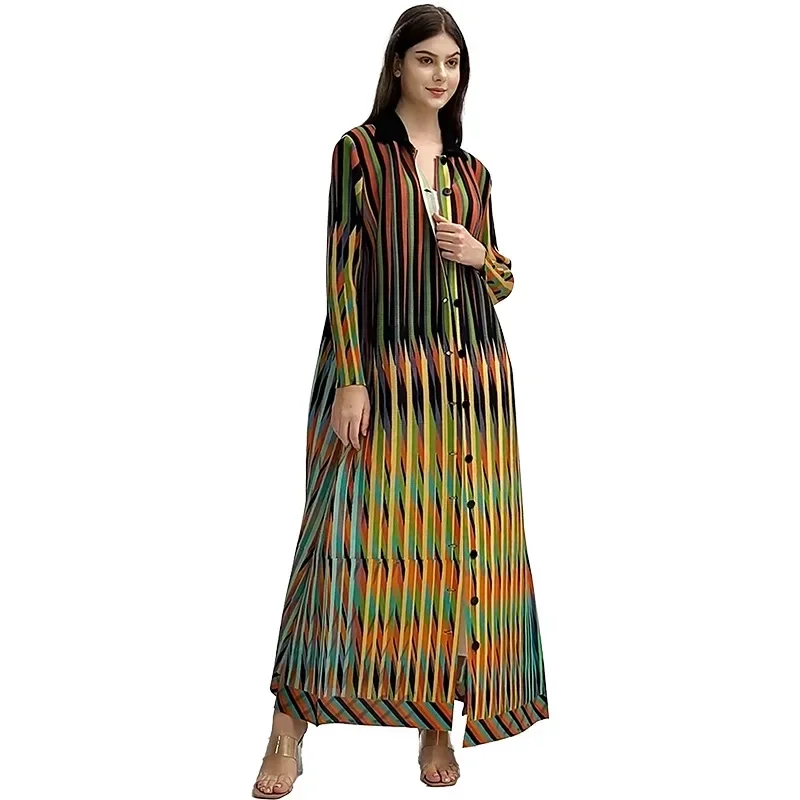 Miyake Colorful Striped Pleated Fashion Dress Women Lapel Single Breasted Loose Fit Long Dresses Party 2024 New Muslim Robe