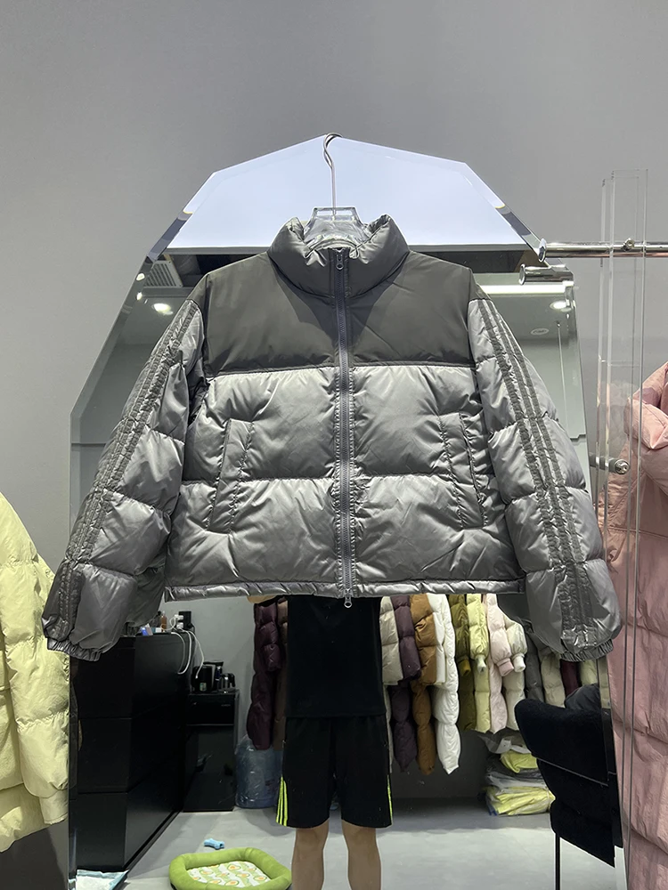 Jaqueta feminina branca grossa de pato para baixo puffer, comprimento da manga cortada, estilo americano, casaco na moda, inverno, novo