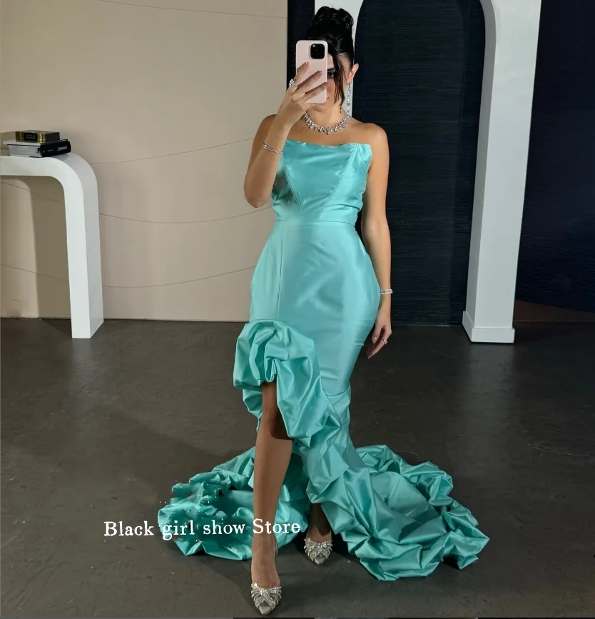 

Элегантные атласные вечерние платья без рукавов по индивидуальному заказу мятно-зеленые Дубайские турецкие свадебные платья сексуальные свадебные платья с разрезом