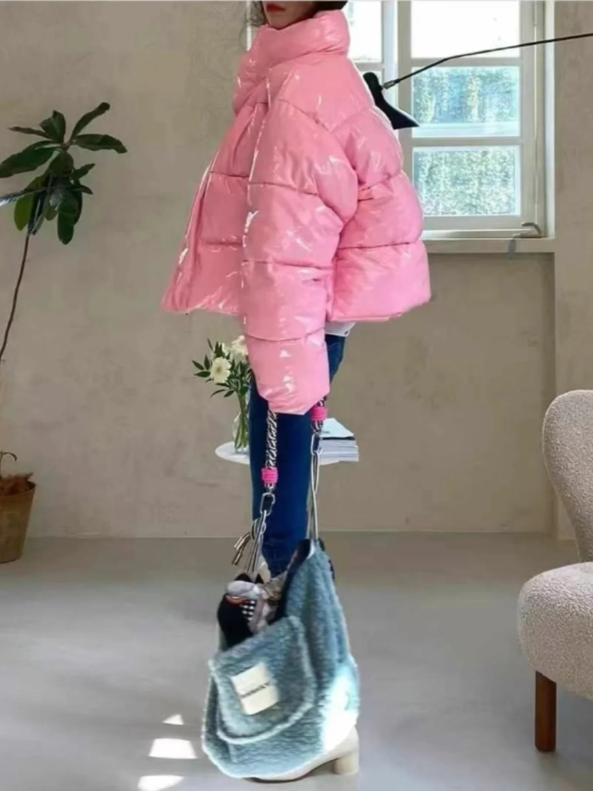 

Women's PU Leather Cotton Jaet Stand Collar Thiened Winter Coat Fluffy Bread Sle Warm Outerwear Trendy Commute Sle