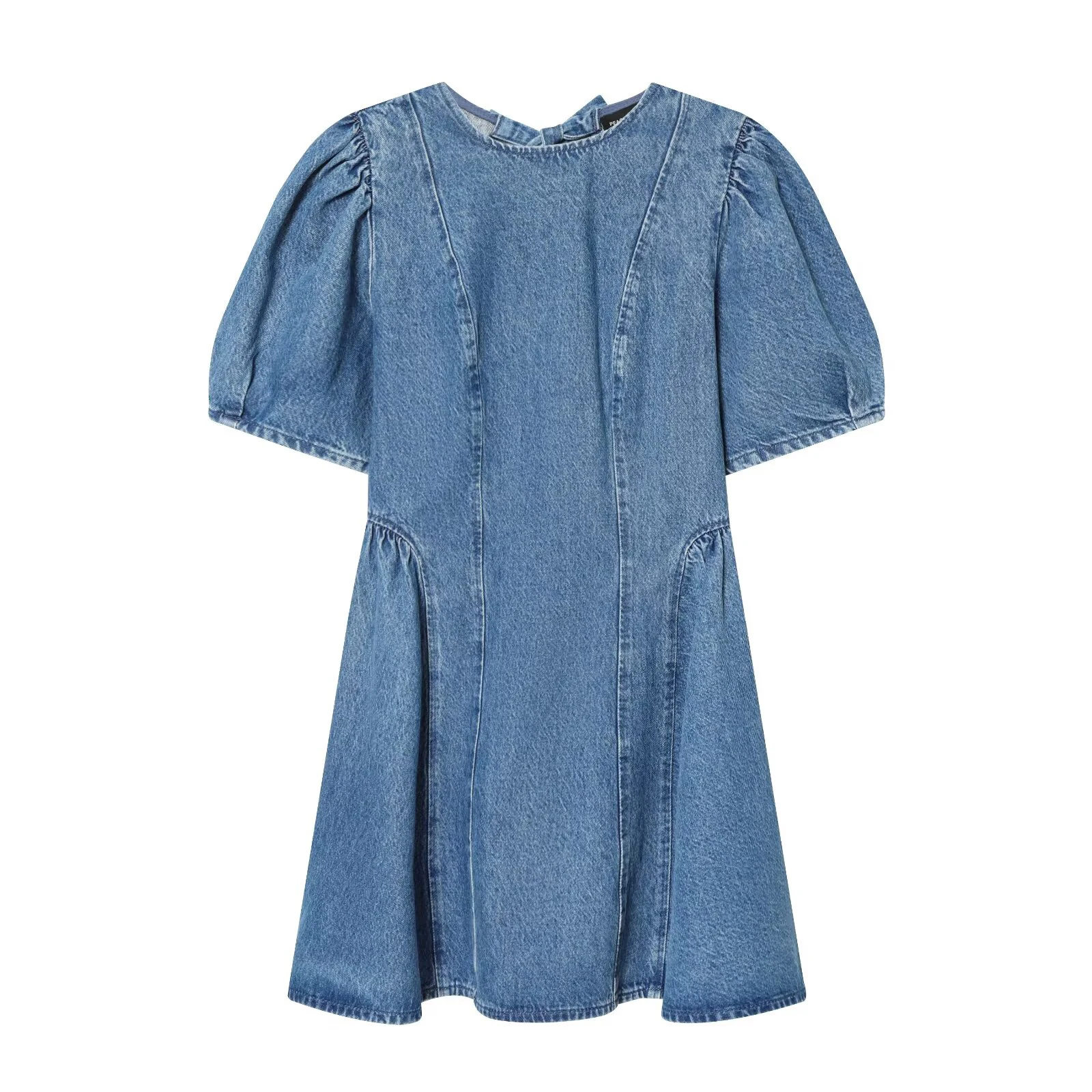 2026 Frühling/Sommer Neues Damenkleid mit Rundhalsausschnitt, Puffärmeln und Trompetenrock aus Denim, Mini-Länge