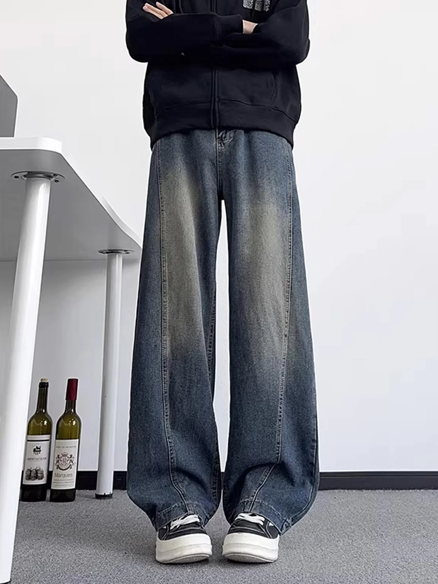 

Мужские джинсы в стиле ретро, синие деконструированные лоскутные джинсы, осень-зима, повседневные свободные брюки на подкладке с прямыми штанинами