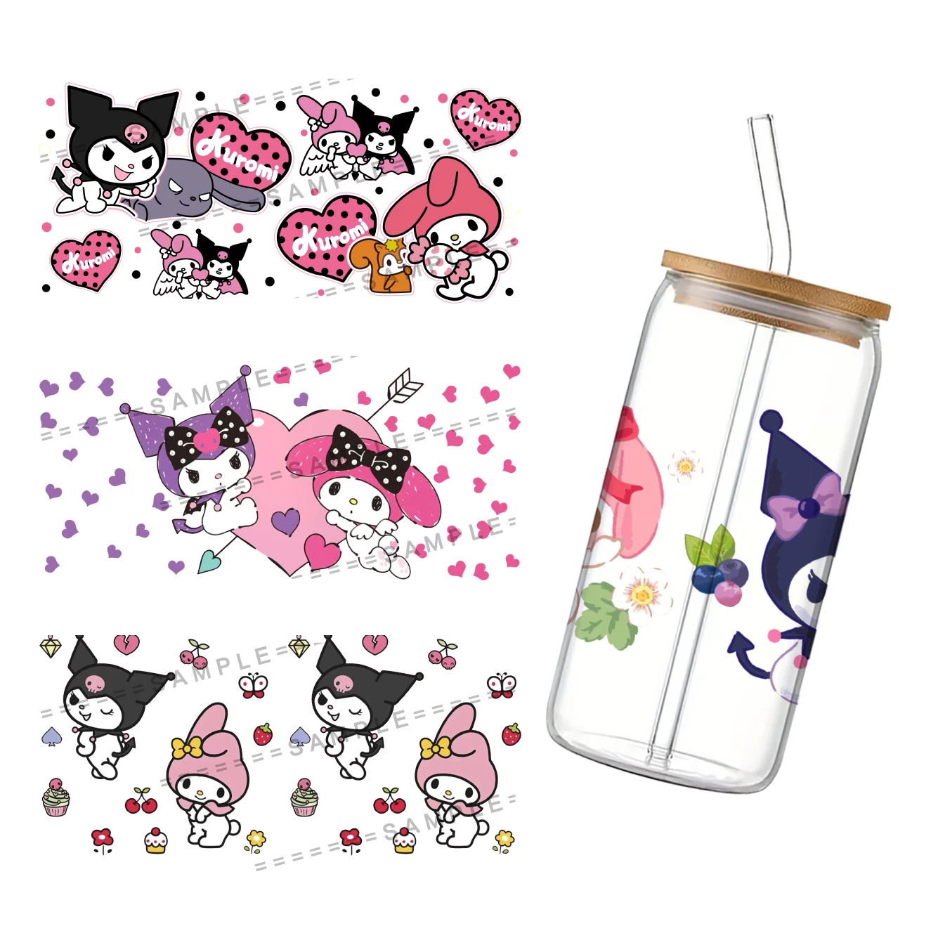 Sanrio Kuromi My Melody UV DTF Transfers Stickers Decals For 16oz Libbey Cold Cups Tumbler Mugs