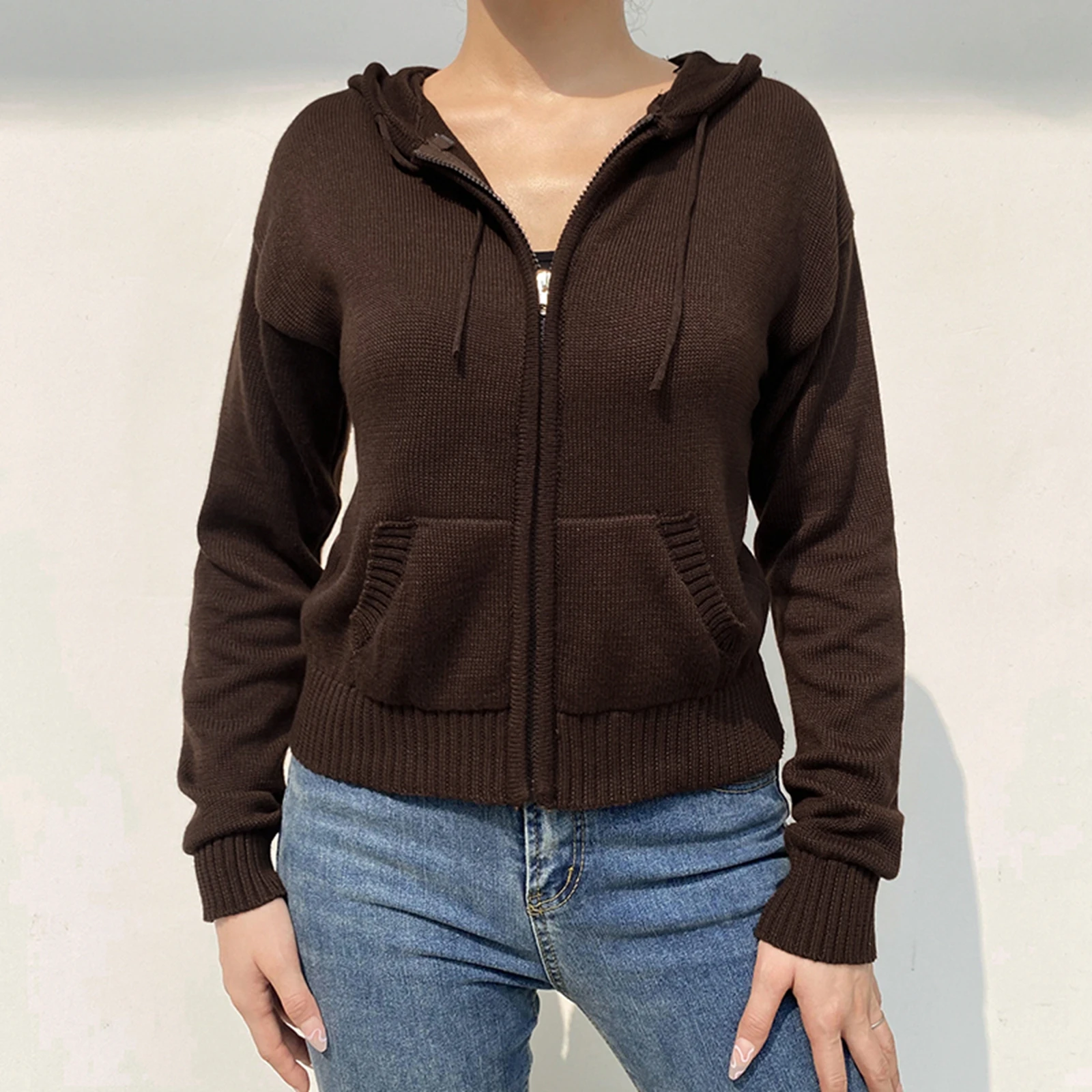 Women’s Full Zip Knit Hoodies Casual Sweaters Solid Color Long Sleeve Drawstring Sweatshirts Cardigan Zip-up Y2K Clothing