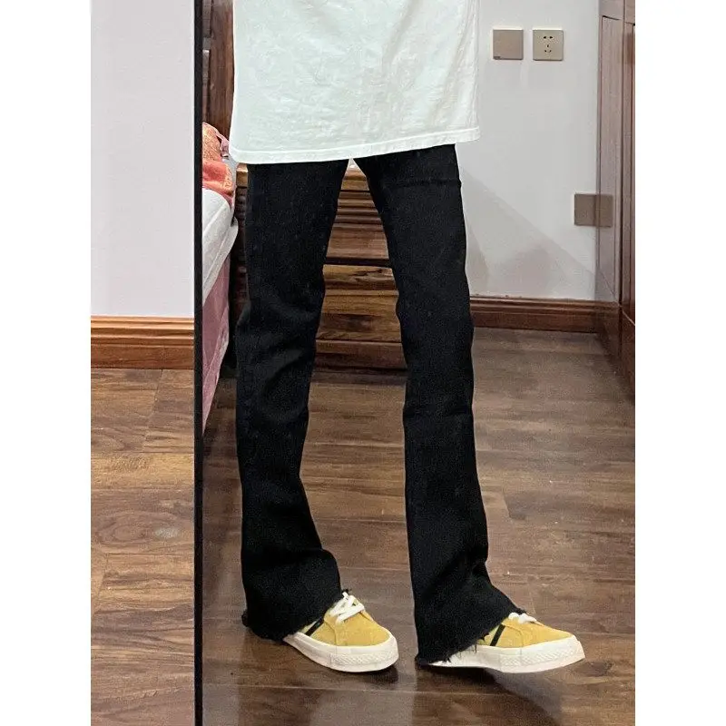 

Loose Men's Bla Jeans High Street American Sle Micro Flared Design Slimming Frayed Hem Cleanfit Pants Youth Faion