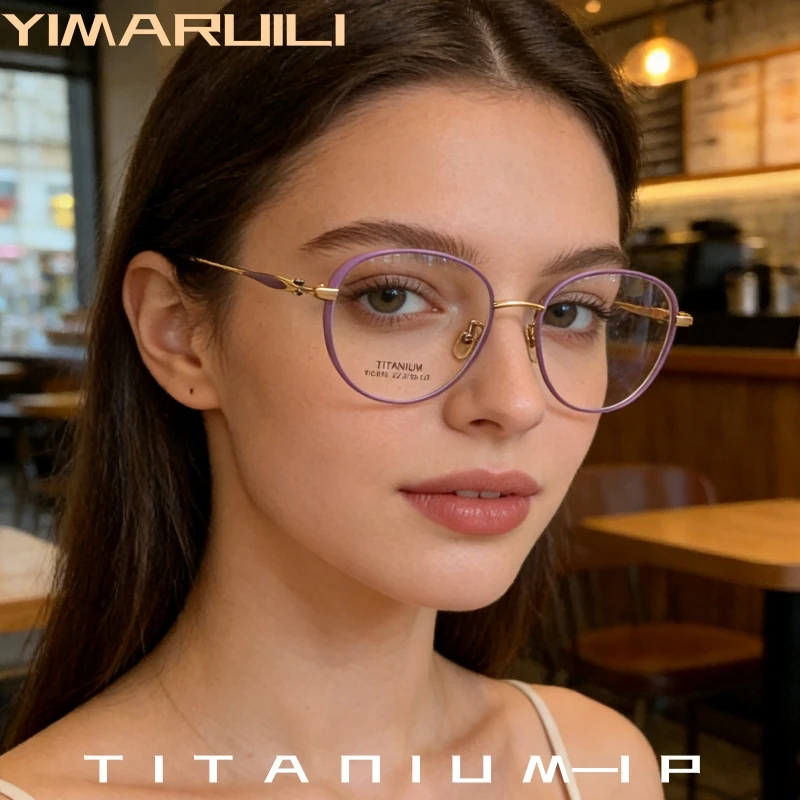 YIMARUILI Titanium Retro Round Women's Glasses Ultra Light Temperament Artistic Thick Border Design Small Size Eyeglasses Frame