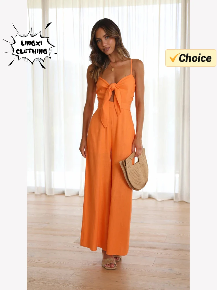 2024 Summer Fashion New Vacation Style Women\'s Jumpsuit Solid Color Temperament Slippery Strap Sexy Jumpsuit Wide Leg Pants