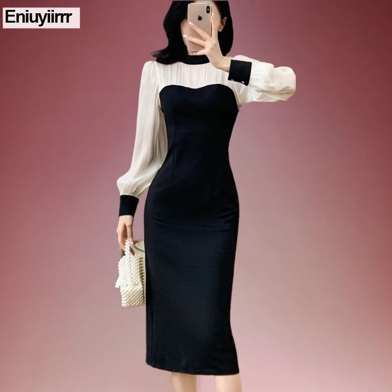 ชุดเดรสทรงดินสอผ่าข้างยาว แต่งผ้าปะติด สไตล์ใหม่ แฟชั่นผู้หญิง สง่างาม สีดำ แนวผู้หญิง สำหรับใส่ทำงานในออฟฟิศ