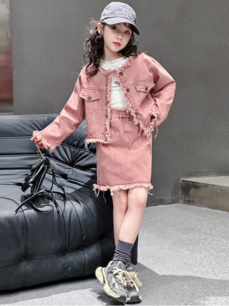 Children's Fleece Denim Set Skirt Korean Style Fashionable Spring 2024 Girl's Fashionable Student Coat Short Skirt Two Piece Set